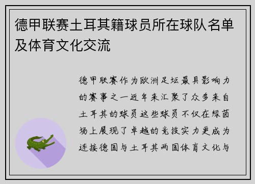 德甲联赛土耳其籍球员所在球队名单及体育文化交流