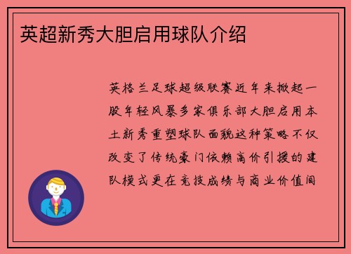 英超新秀大胆启用球队介绍